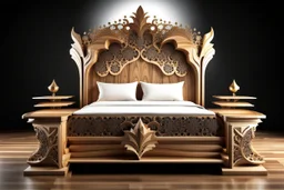 image of a Royal bed with 3d fractal base decoration made of good wood no background without table