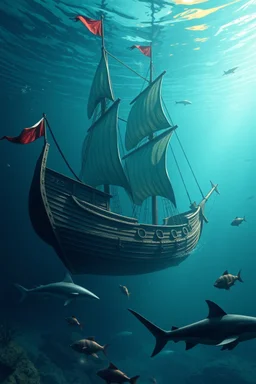 sea in spac a pirate ship without sails, sank under water laying on one side and sharks and fish swimming around