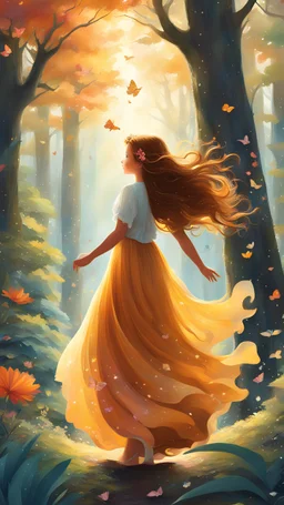 In a captivating children's illustration, a beautiful young girl with exceptionally long and shiny ocher hair stood tall from behind. She appeared to be surrounded by a magical forest, with towering trees and whimsical creatures. The strong wind blew, causing her hair to flutter in a mesmerizing dance. Delicate petals of vibrant colors gently fell from above, creating a shower of beauty around her. Glowing lights illuminated the scene, casting a warm and enchanting glow on everything it touched.