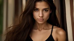 Closeup portrait of an 18 year old girl of Italian descent. She has dark brown hair, face without makeup, cute nose, detailed full lips, skin texture. Natural lighting and low contrast. Face framed.