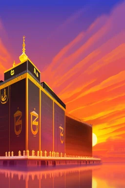 An image of the Holy Kaaba at sunset in 8K resolution thin lines draw