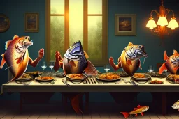 supper, fish sit at the table and eat pieces of people.