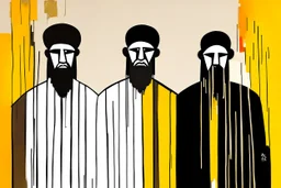 (three:2) determined ancient male Jews (wearing Jewish jewelry:2), acrylic painting, minimal art, centered, wild sparse brushstrokes, amazing verticals, great parallels, low bleak colors of gold, beige and black, excellent negative space contrasts