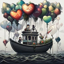 Abstract mixed media kintsugi art in intricately detailed and textured Seth Apter, Ernst Haeckel, Peter Wileman and John Hoyland style: "Fishing flying mantarays, fisherboat carried by heart-shaped balloons, overgrown with foliage and dangling vines, in an enchanted, magical, misty caribbean seascape, with colourful Yayoi Kusama textures, rainbow bubbles, in the clouds." Contemporary Art, incorporating collage and graphic shapes, with figurative and enchanted, mystical elements. By Susanne.