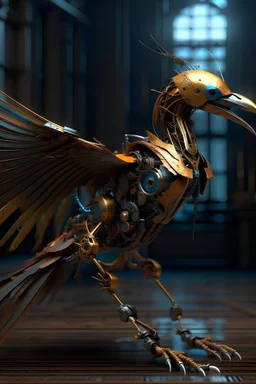 A full length cyber hornbill bird mixed with a rusted robot, wing, carrying full a weapon,8k ultra detail, baroque painting by AI