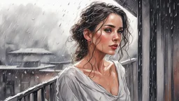 Draw a portrait of a beautiful woman on the balcony, rain