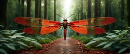 High-end hyperrealism epic logo red dragonfly logo ARD, inspired cinematic photography, symmetry forest alley background, Aesthetic combination of sage green and walnut and honey red, Vintage style with brown pure leather accents, Art Nouveau visuals with Octane Render 3D tech, Ultra-High-Definition (UHD) cinematic character rendering, Detailed close-ups capturing intricate beauty, Aim for hyper-detailed 8K