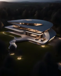 Zaha Hadid style country house, aerial view, unreal engine 5, concept art, art station, god lights, ray tracing, RTX, lumen lighting, ultra detail, volumetric lighting, 3d