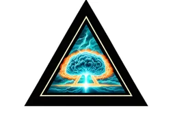 a nuclear explosion cloud, behind an orange glowing omega like shape, all inside an equilateral triangle, radiant lines, digital painting