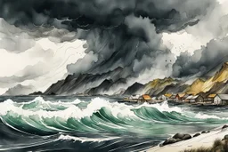 an abstract ink wash and watercolor illustration of a storm tossed, highly detailed coastal fishing village in the Lofoten Islands , with ominous thunderheads and pounding surf , finely drawn and inked, 4k, hyper detailed and vibrantly colored