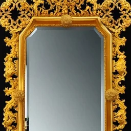 A 4K photo of A long ornate gold mirror. The mirror is fractured and broken into 100 symmetrical pieces