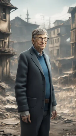 bill gates in ukraine ghost town fallout 4,bokeh like f/0.8, tilt-shift lens 8k, high detail, smooth render, down-light, unreal engine, prize winning