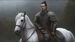 A 40 year old mercenary in a battle jacket and travelers cloth. He is riding a dark gray horse. He is tall, slim, has a sharply cut face. black hair, short ponytail on the top of his head. Perfect eyes. Perfect hands. Perfect feets. Glows. fantasy setting. A river ford in a wood. . Hyperrealistic, splash art, concept art, mid shot, intricately detailed, color depth, dramatic, 2/3 face angle, side light, colorful background. Style of Frank Frazetta