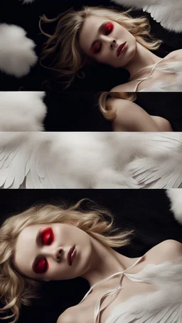 A blonde girl in her twenties, with white wings, and a red bandage over her eyes. She sleeps on a luxurious black carpet. Cinematic photo from above.