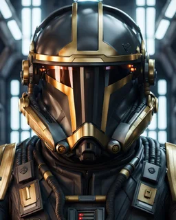 star wars bald male corellian pilot wearing dark gunmetal grey and black First Order special forces TIE pilot armored flightsuit and helmet with gold trim inside the jedi temple, centered head and shoulders portrait, hyperdetailed, dynamic lighting, hyperdetailed background, 8k resolution, volumetric lighting, light skin, fully symmetric details