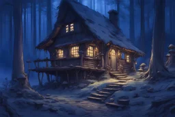 glowing cabin, warmly lit at night, blue cold ambience, surrounding forest, luminescent mushrooms, magical atmosphere, soft focus, vibrant hues, ultra detailed, fantasy, illustration, by Arthur Rackham and John William Waterhouse, artstation, enchanting, cinematic lighting