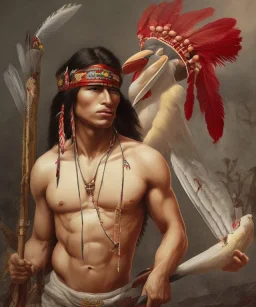 Guaicaipuro, native american god, 30 years old, Muscular warrior, red feathers headdress, shirtless, angry look, holding a stone tip spear