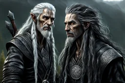 ancient grizzled, gnarled elf vagabond wanderer, long, grey hair streaked with black, highly detailed facial features, sharp cheekbones. His eyes are black. He wears weathered roughspun Celtic clothes, emaciated and tall, with pale skin, full body , thigh high leather boots and has a dark malevolent aura within swirling maelstrom of ethereal chaos in the comic book style of Bill Sienkiewicz and Jean Giraud Moebius in ink wash and watercolor, realistic dramatic natural lighting