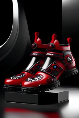 A futuristic black, red and chrome low top boot based on hungarian traditional folk art