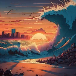 from sandy beach the biggest waves of the ocean can be seen splashing morning sunrise in vampire city cartoon