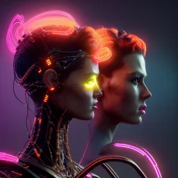 pretty cyber woman, cables, futuristic, blood, black, gold, brown, decorative color feathers, simétrico, circuits, neon style, a lot of led lights, fog, rain, vibrant color, highly detailed, art stations, concept art, smooth, unreal engine 5, god rays, ray tracing, RTX, lumen lighting, ultra detail, volumetric lighting, 3d, finely drawn, high definition, high resolution.