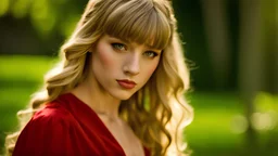 Photo is in sharp focus with high resolution during the middle of day and is a closeup of a beautiful and slender caucasian 16 year old girl with long wavy blonde hair and bangs. She has a small upturned nose, full lips, large dark eyes and with long eyelashes. She is wearing a red silk evening gown. She is in a brightly lit garden gazing at the viewer.