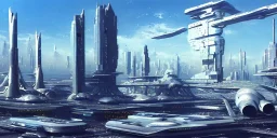 Spaceport on a heavy industrialized planet with futuristic high rise buildings with glass facades in the background and a docked spaceship in the foreground, art by John Berkey, brutalist architecture, insanely detailed, vibrant, 8k uhd, cinematic atmosphere, ultra-wide angle, street level view, brush strokes, blue sky with clouds, sharp focus