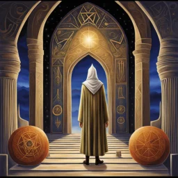 a young mage with a grimoire standing in a gothic_arab gate in an Ancient stone temple with engraved runes:: by artist "Leonora Carrington", by artist "Tarsila do Amaral":: Cinematic lighting with shadows:: eye_level perspective::