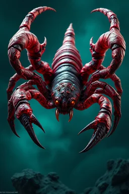 A hyper-realistic 3D Surreal digital painting, Demonic scorpion , rich deep teal background, dreamlike imagery, fantastical elements, perfect body ,dymond ,