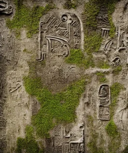 Ancient mossy ruin wall depicting hieroglyphs of futuristic technology behind a waterfall