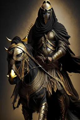 Arab warrior Full Body Full Armored Wearing Face Mask Iron Masculine Mysterious Powerful Fantasy High Quality Carrying his bow Golden clothes His horse behind him