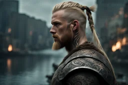 photorealistic portait of henry cavell as viking with blonde undercut tribal tattoos modern fantasy dark cityscape