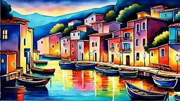 A beautiful night time scene of a coastal fishing village on the Mediterranean, boats on the water, lights reflecting off the water, detailed, complex, high definition, wet on wet watercolor, award winning masterpiece,