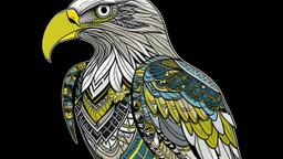 A gray ice elemental bald eagle designed in Mehndi design painted by Wassily Kandinsky