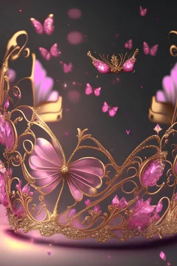 Tiara of gold and shiny big pink diamonds,pink smoke around it, gold butterflies, realistic, cartoon, 8k resolution