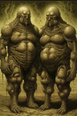 The full bodies of two fat old men , holding their heads on each other shoulders , front view camera, decayed and rotting with grotesque proportions and imagery. surreal horror, biomechanical design, by hr giger and beksinski , fine lines draw