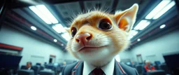 extreme close up on cheeky fluffy weasel news anchor elf family scumbag in the style of Escher and Giger and Fallout 4, pinhole cam, airbrush 3d rendering, on tv screen:A five-second cinematic single take in a clean industrial presentation hall.