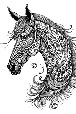 realistic horse head tattoo idea, line art, background, vector, svg, black outline on white background, leave plenty of white space beetween lines for coloring, tattoo style, tattoo idea,full body, minimalist