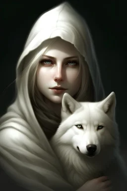 Picture a porcelain beautiful woman with soft features, thick blonde bob length hair. She is wearing a blindfold and a hood with a big white direwolf by her side