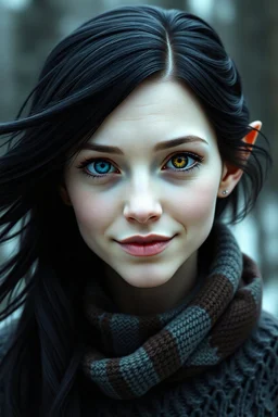 Generate portrait of the face and torso of a female eladrin. Her hair is black with a white streak and flowing, her skin pale. One blue eye and one orange eye. She is smirking and has face skin texture. Her ears slightly show. Add a scary nature background. It should be scary. She's is wearing a Canadian scarf and a sweater. It is important to make it look like an old film photograph. Her ears and lip are pierced. Give her wrinkles. Film photo realistic.