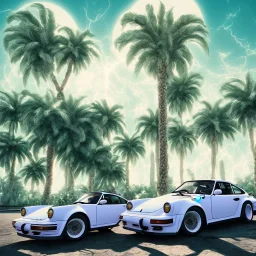 1980's aesthetic vaporwave palm trees and spheres and Porsche with lightning