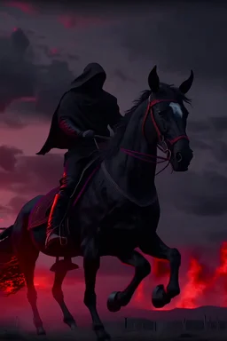 A black hooded with cane horse , man on a black wild horse jumping on fire ,red clouds in the sky with storm and cinematic scene 4k