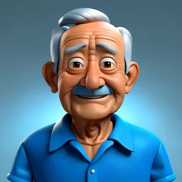 Generate a fully realistic Disney-style avatar in 4K resolution featuring a south east asian grandpa with black hair, a dark tan skin , a small, soft, smiling eyes and a soft smile facial expression. The character should be dressed in a blue striped shirt consisting of light blue and dark blue.