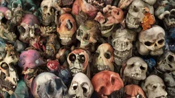 a picture of a dark, comedic, anatomically correct wall of colorful tightly packed skulls of varying sizes and expressions, photo realistic, insanely meticulous, highly detailed, part of a collection of bones on display, 64k, dystopian, vray