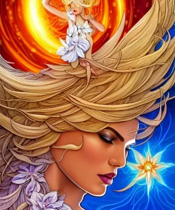 star jasmine, mandrake roots, mandrake root hands, platinum blonde woman on fire, psychedelic, intricate, elegant, highly detailed, background fire sky, digital painting, artstation, concept art, smooth, sharp focus, illustration, head shot, close up, art by artgerm and greg rutkowski and alphonse mucha, symmetrical eyes, perfect eyes, blue eyes, staring at camera, eye contact