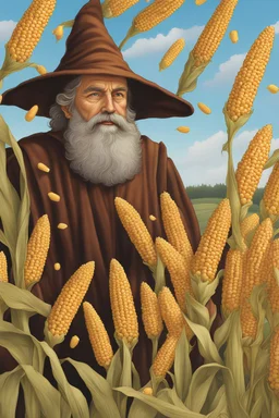 Middle-aged Wizard with brown hair and short brown beard. Corn cobs flying. Cornfield in background.