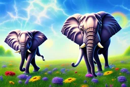 large flowers and happy elephant and blue sky