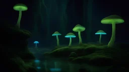 Glowing mushrooms, stalactites, stalagmites, underground lake, bats, silence, murmuring water, smell of dampness, moss, style: fantasy, lighting: bioluminescent, colors: green, blue, purple, camera: 105mm, perspective: third person, detail: high, focus: on the glowing mushroom