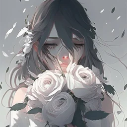 Pictures of a girl with a white background holding white roses covering her face Like from a anime movie, digital art, anime, 4k, full details, high resolution