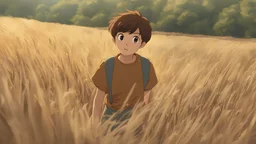 Timmy a young boy with brown short hair, exploring an empty field with excitement, discussing his vision, detailed, masterpiece, perfect eyes, HD, high resolution, 4k, ghibli style
